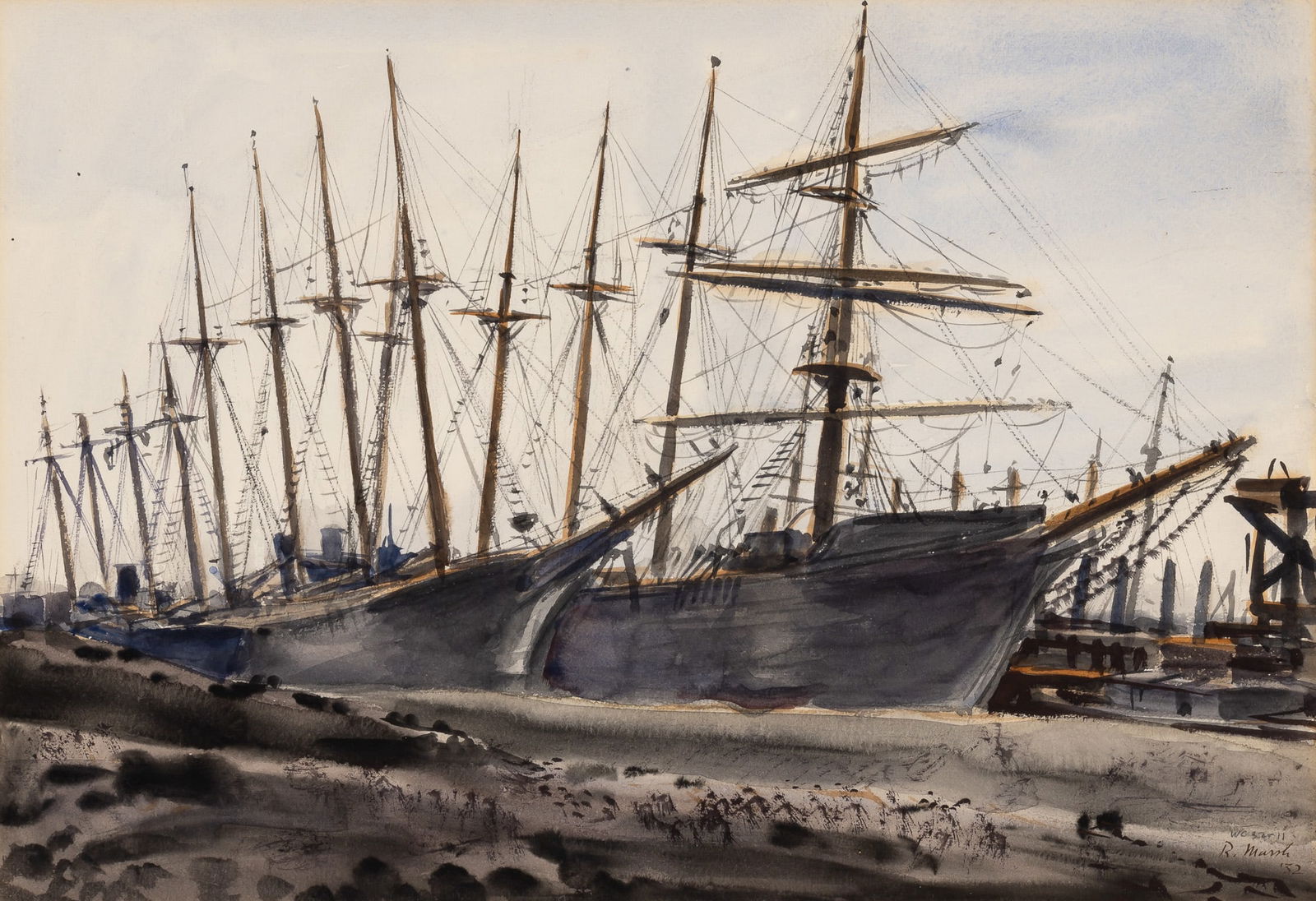 Reginald Marsh: American, 1898-1954Ships Docked at a Port, 1932Signed R. Marsh, dated '32, and inscribed wc 32-11 (lr)Watercolor on paper13 1/4 x 19 1/4 inches (33.7 x 48.9 cm)