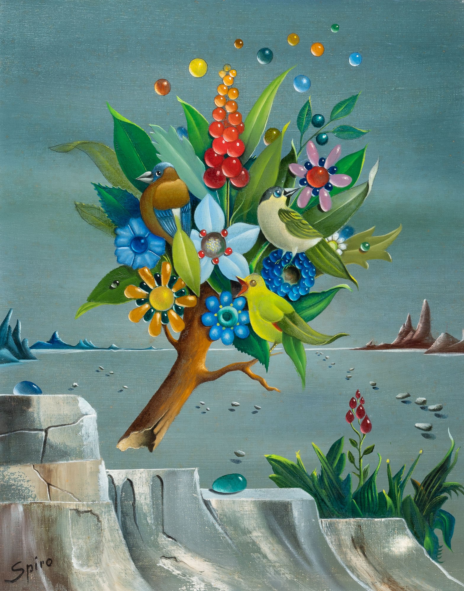 Georges Spiro: French/Polish, 1909-1994Birds on a Floating BranchSigned Spiro (ll)Oil on canvas16 1/4 x 13 inches (41.3 x 33 cm) (Frame 21 x 17 3/4 inches) Not exami