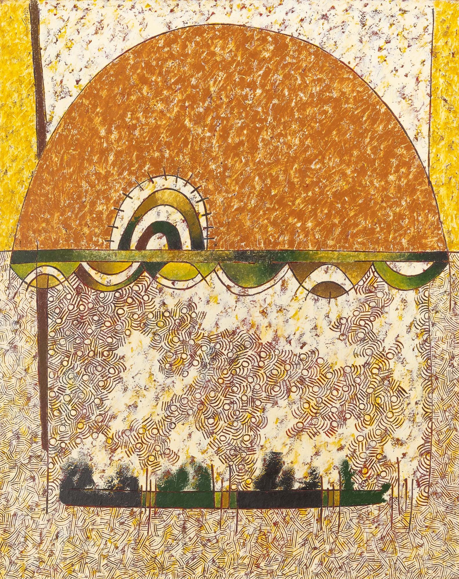 Virgilio Santaella Rivas: Mexican, b. 1964 Recuerdo de panadero, 1995 Signed and dated Santaella Rivas 1995 (ul) and inscribed as titled on the reverse Acrylic on canvas 39 1/4 x 31 1/2 inches (99.7 x 80 cm) Unframed