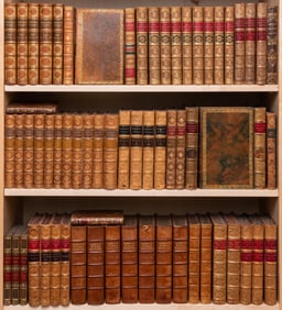 A large group of books, finely bound in gilt brown leather