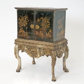 Black Lacquer Chinoiserie Decorated Cabinet on Carved Wood Stand