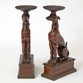 Pair of Carved Mahogany Greyhound Plant Stands
