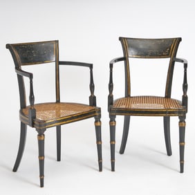 Pair Regency Black Painted and Parcel-Gilt Armchairs