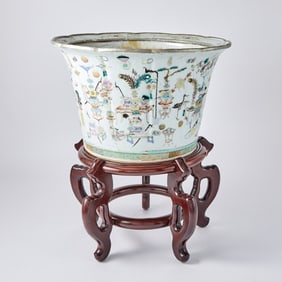 A Chinese Enameled Porcelain Planter and Stand 20th Century