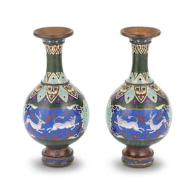 A Pair of Chinese Cloisonne Enamel Bottle Vases Early 20th Century