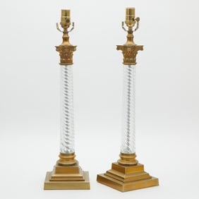 Pair of Gilt-Metal Mounted Molded Glass Columnar Table Lamps