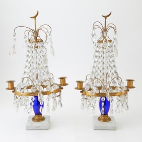 Pair of Swedish Neoclassical Style Gilt-Metal, Glass and White Marble Two-Light Girandoles