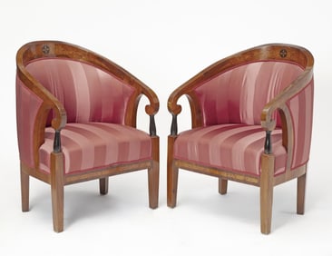 Pair of Biedermeier Walnut and Maple Tub Chairs