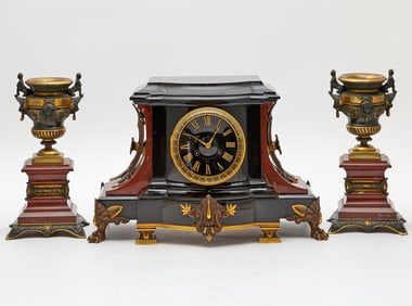 Empire Style Gilt and Patinated Bronze-Mounted Red and Black Marble Mantel Clock Together with Pair
