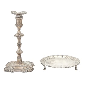 George II Sterling Silver Candlestick and a George II Sterling Silver Waiter