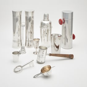 Group of Stainless Steel, Metal and Silver Plated Cocktail Shakers and Bar Accessories 20th Century