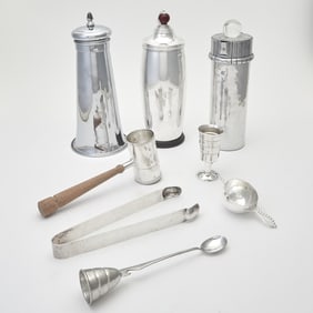Group of Metal Cocktail Shakers and Bar Accessories 20th Century