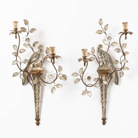 Pair of Baques Style Gilt Painted Metal and Glass Bird-Form Two-Light Wall Sconces