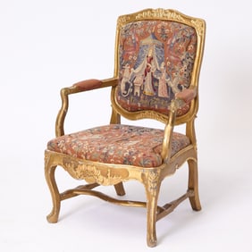 Louis XIV / XV Regence Style Needlepoint Upholstered Giltwood Fauteuil