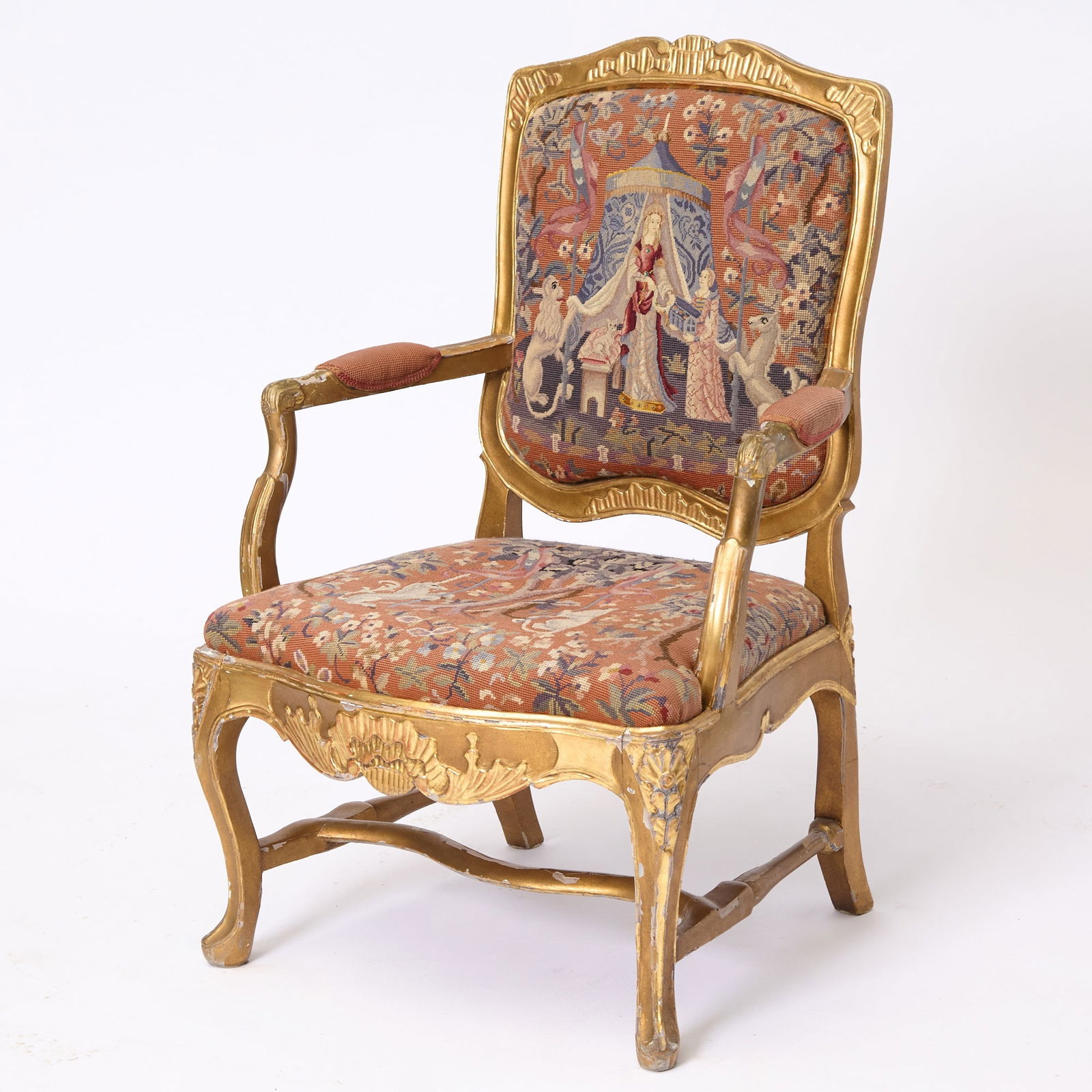 Louis XIV / XV Regence Style Needlepoint Upholstered Giltwood Fauteuil (1 of 6)