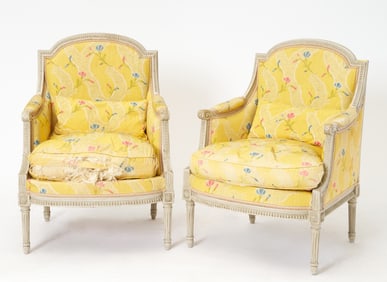 Pair of Louis XVI Style Silk Upholstered Painted Wood Bergères