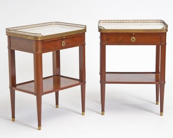 Pair of Louis Style Mahogany and Marble Top Bedside Tables