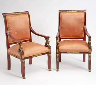 Pair of Empire Style Gilt-Metal Mounted Mahogany Armchairs