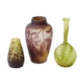 Group of Three Gallé Art Nouveau Acid-Etched Cameo Glass Cabinet Vases Early 20th century