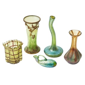 Group of Five Bohemian Jugendstil Iridescent Art Glass Vases First quarter 20th century