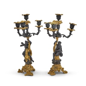 Pair of Louis XV Style Gilt and Patinated Bronze Figural Four-Light Candelabra