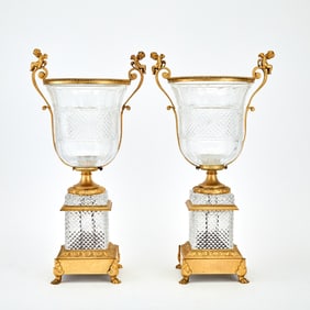 Pair of French Charles X Style Gilt-Metal and Cut Glass Vases