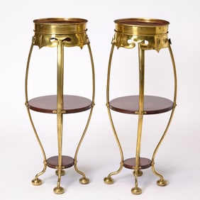 Pair of Art Nouveau Brass and Mahogany Three Tier Stands