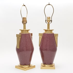 Pair of Brass and Faux Porphyry Lamps