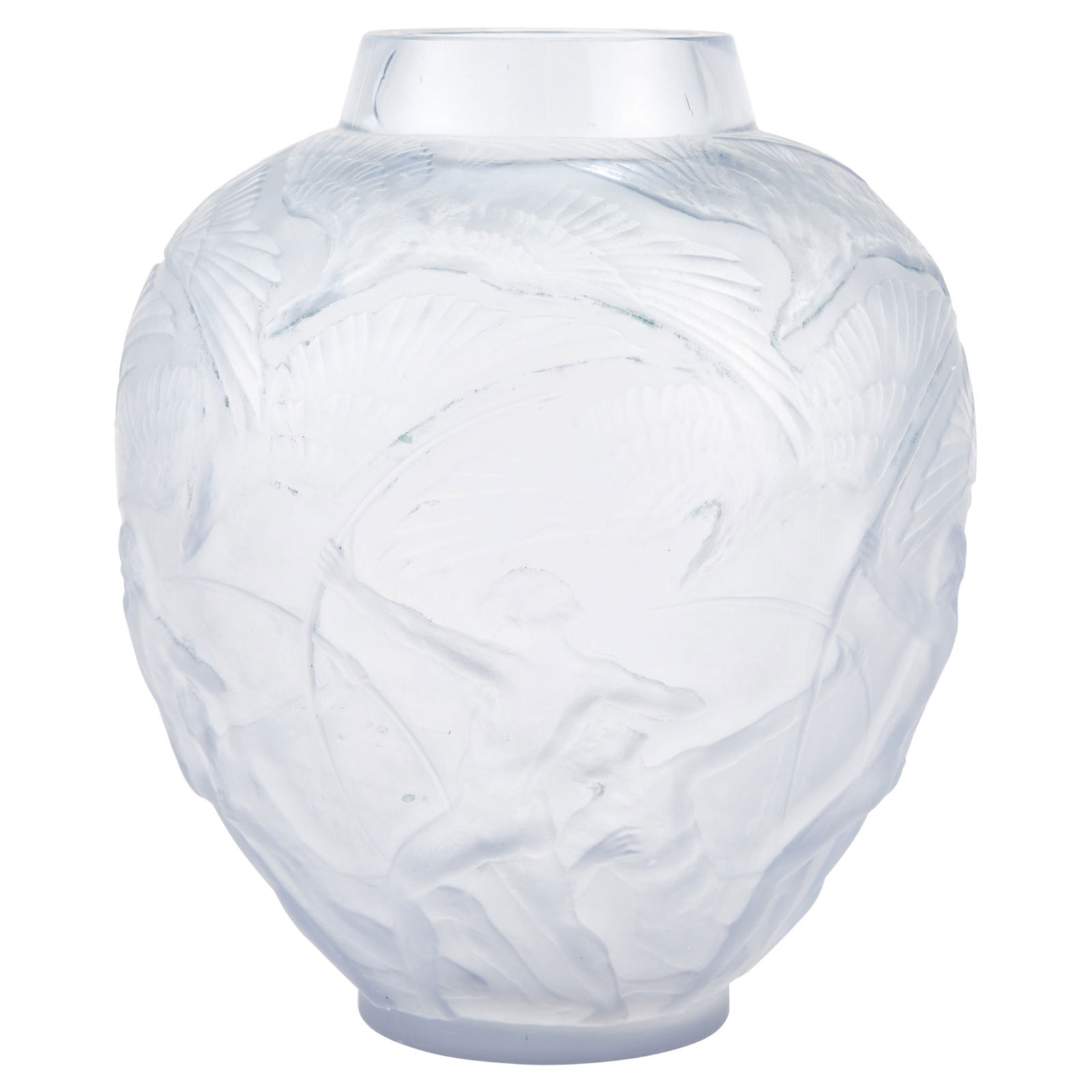 R. Lalique Molded Glass "Archers" Vase Marcilhac no. 893, circa 1921-47: Of tapering ovoid form, in transparent light gray colored glass, heightened with gray patina, decorated with a continuous scene of young nude male archers with bows and arrows hunting a flock of overh