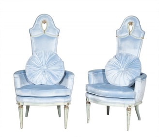 Pair of Upholstered Painted Wood Tall-Back Hollywood Regency Style Armchairs