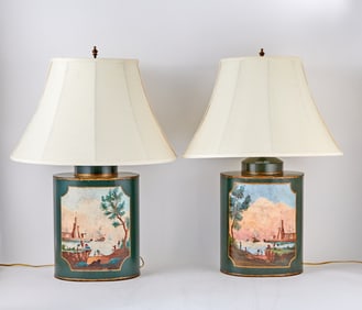 Pair Canister-Style Green-Ground Tole Table Lamps