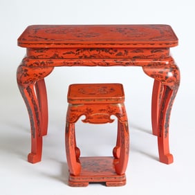 Pair Chinese Style Red Lacquer Tables Together With a Pair of Chinese Style Red Lacquer Stools