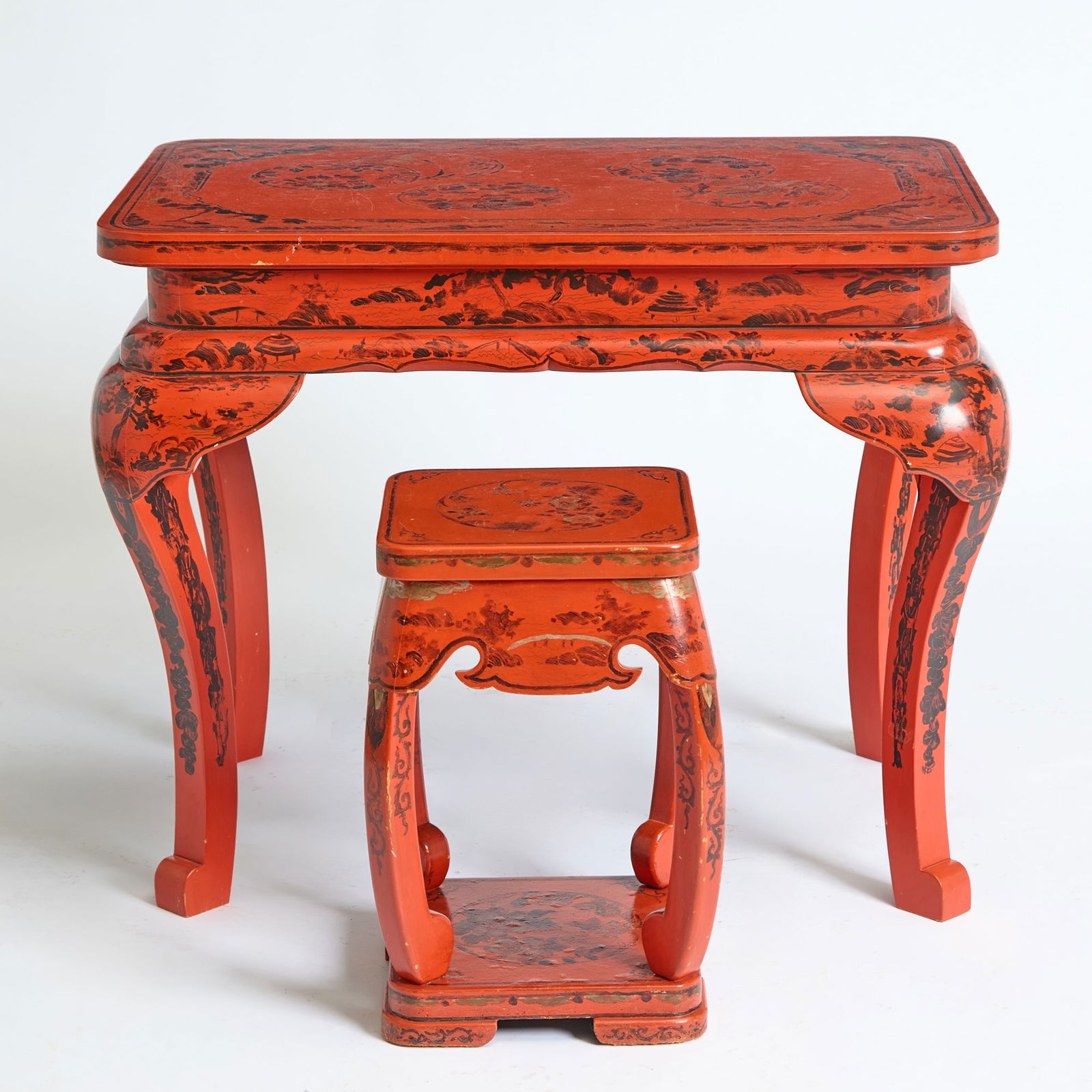 Pair Chinese Style Red Lacquer Tables Together With a Pair of Chinese Style Red Lacquer Stools (1 of 6)