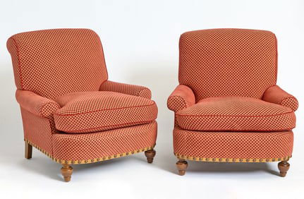 Pair Upholstered Mahogany Club Chairs