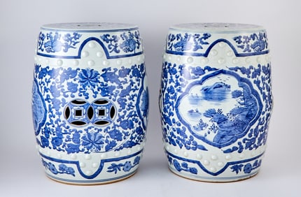 A Pair of Blue and White Porcelain Garden Seats 19th/20th Century