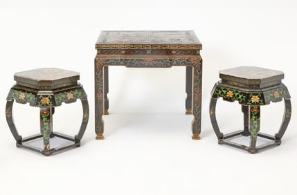 Pair Chinese Black Lacquer Coromandel Stools Together with a Chinese Black Lacquer Coromandel Table