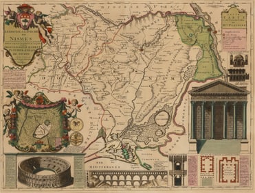 An eighteenth-century map of Nîmes in Southern France, with views of its Roman monuments