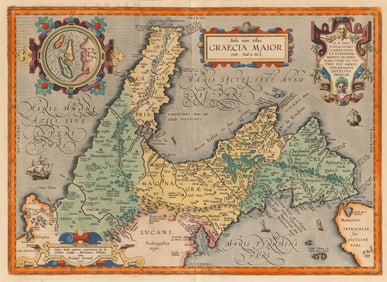 Ortelius' historical map of antique "Magna Graecia," present-day Southern Italy