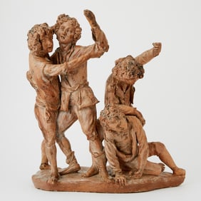 Painted Plaster Figural Group of Four Boys in a Fight