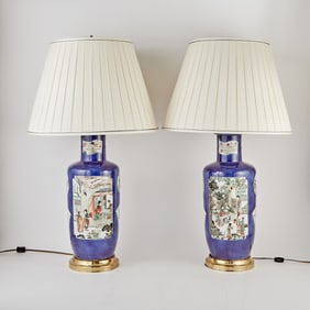 Pair of Chinese Blue-Ground Porcelain Vases Mounted as Table Lamps