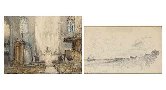 Frank Myers Boggs: American, 1855-1926(i) Church Interior, Nogent-le-RoiSigned Frank-Boggs and inscribed Nogent-le-Roi (lc)Black chalk and watercolor on paperSight 11 1/4 x 15 1/4 inches (28.5 x 38.7 cm) Frame 22