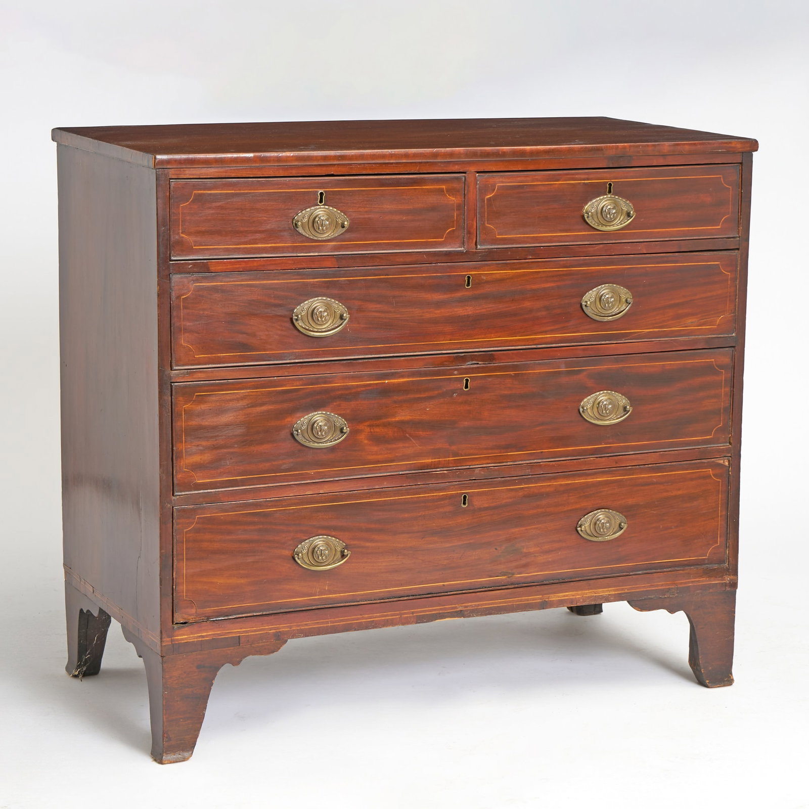 George III Style Inlaid Mahogany Chest of Drawers: Height 38 inches, width 42 1/2 inches, depth 21 inches.