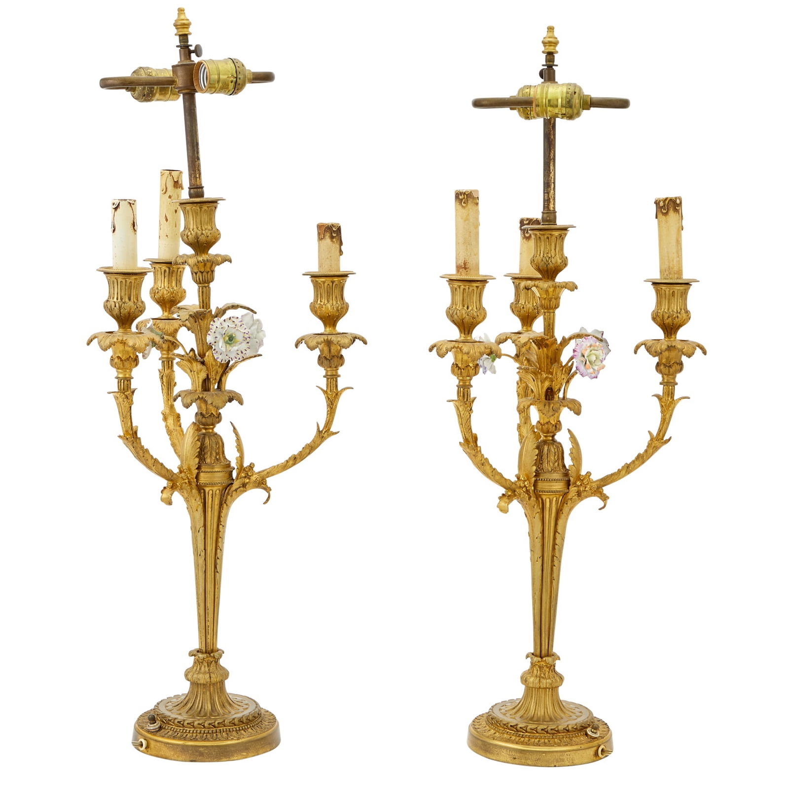 Pair of Louis XV / XVI Transitional Style Metal and Porcelain Candelabra Mounted as Lamps (1 of 3)