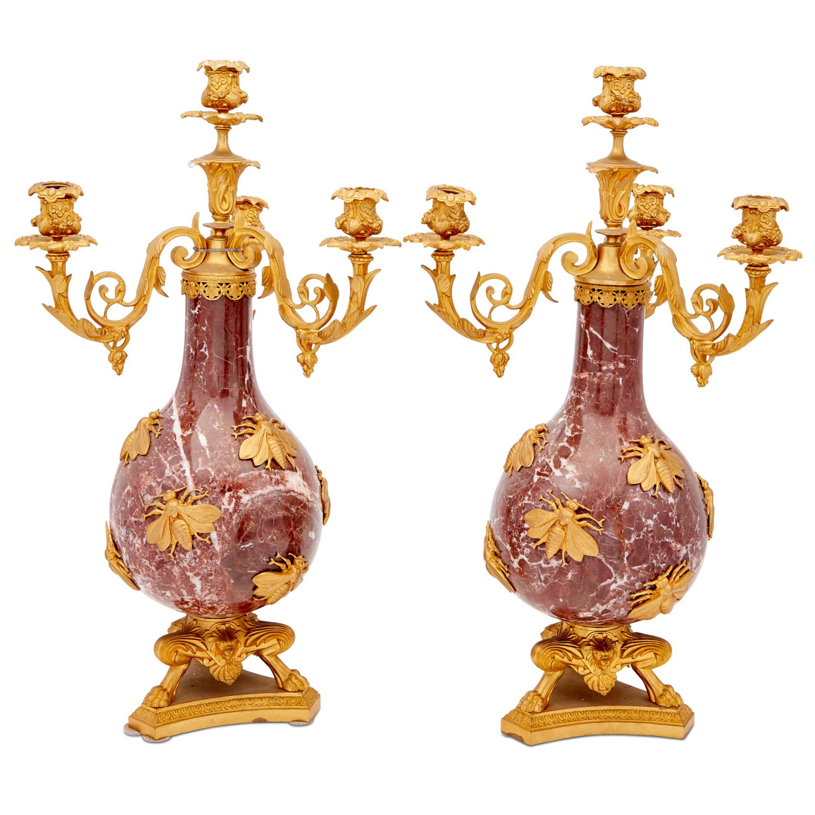 Pair of Louis XVI Style Gilt-Metal Mounted Marble Four-Light Candelabra: Height 25 inches.