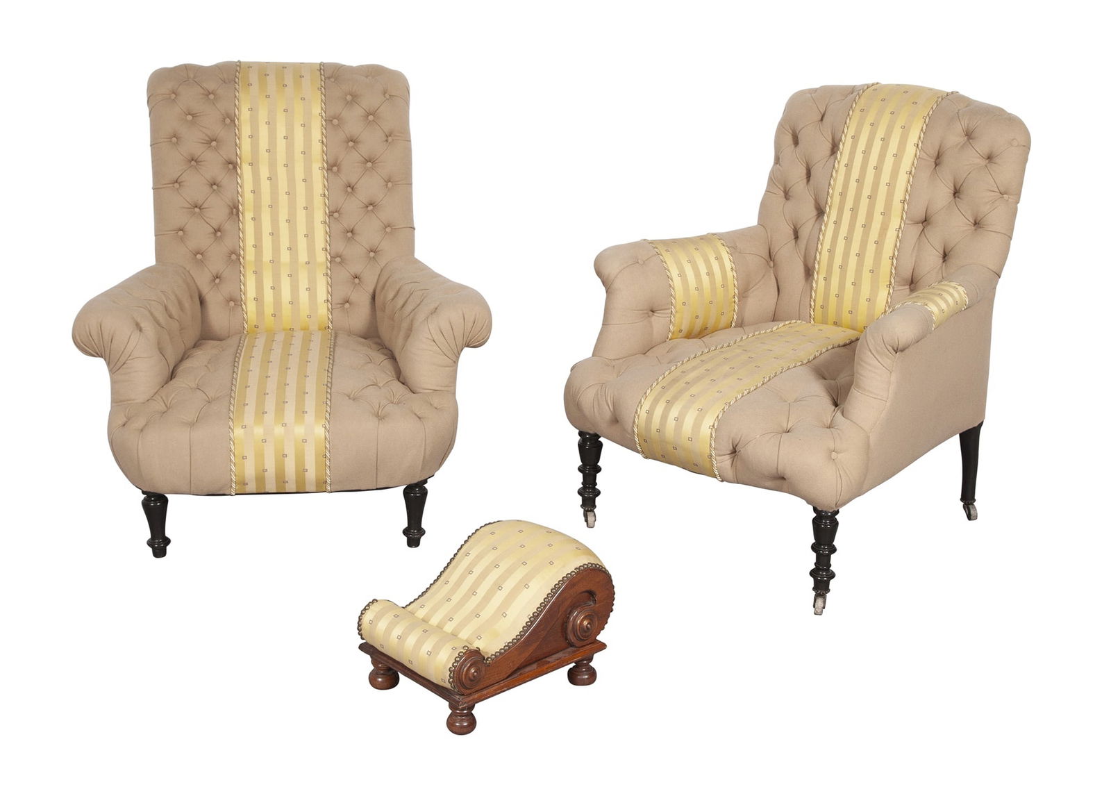 Two Napoleon III Button Tufted Upholstered Armchairs and a Foot Stool (1 of 4)