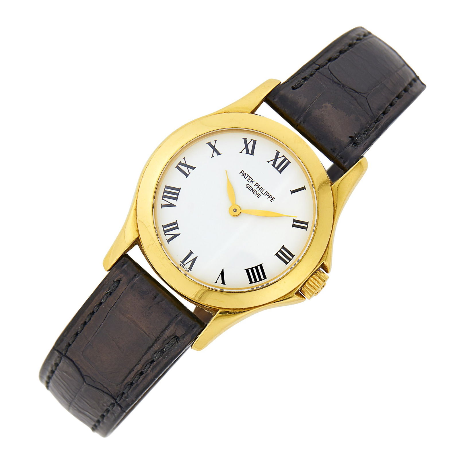 Patek Philippe Gold 'Calatrava' Wristwatch, Ref. 4905J - 001 Wristwatch: 18 kt., mechanical, circular white dial, black Roman numerals, gold hands, logo crown, polished bezel, sapphire crystal, exhibition back, case dia. ap. 28 mm., black croco-leather strap and gold buckl
