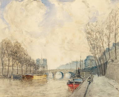Frank Myers Boggs: American, 1855-1926Along the SeineSigned Frank Boggs and inscribed Paris (ll)Watercolor and graphite on paperSight 20 1/4 x 25 inches (51.4 x 63.5 cm) (Fra