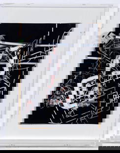 John Bock: German, b. 1965Ohne Titel, 2015Signed J-B20092015.2 (ll)Photo collage with found objects mounted to cardboard, in Perspex case20 3/4 x 16 1/4 x 4 inches framed (52.7 x 41.3 x 10.2 cm)Provenance: