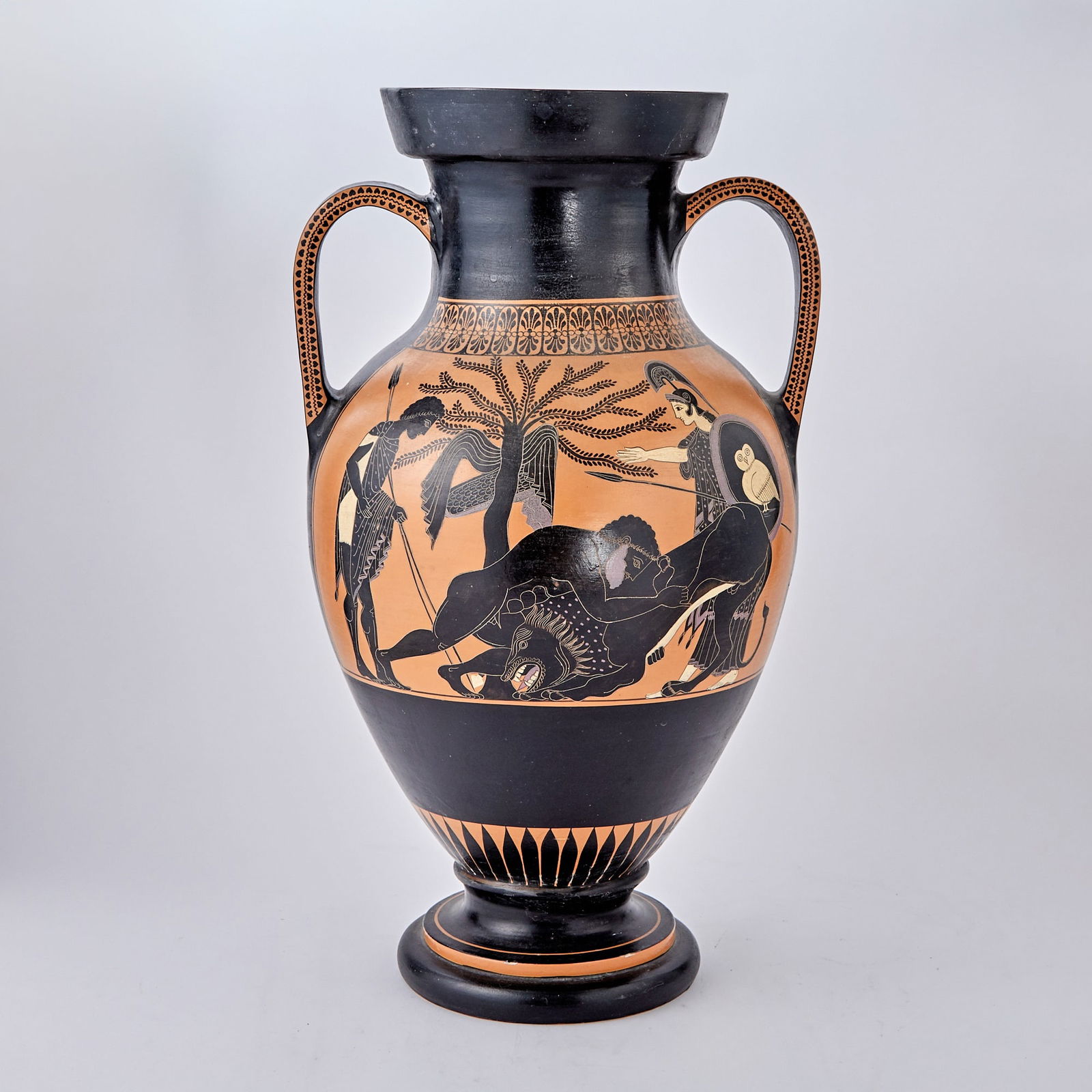 Ancient Greek Style Neck Amphora: After an ancient Greek model depicting Herakles and the Nemean Lion and horsemen returning to their parents. Height 24 inches.