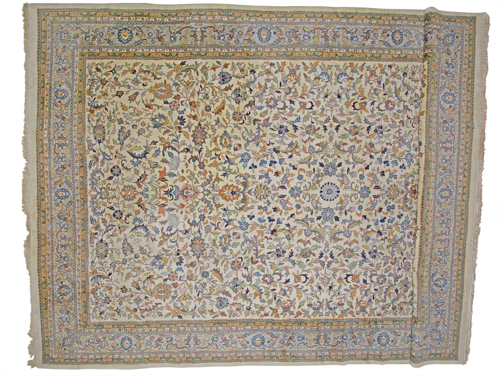 Indo Sultanabad Carpet: India, Contemporary The ivory field with polychrome floral vinery overall is within a sky-blue palmette and leafy vine border. (19' 7" x 12' 2") Faint stains